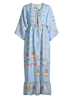 Pineapple-Embroidered Linen-Blend Maxi Dress