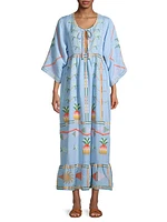 Pineapple-Embroidered Linen-Blend Maxi Dress