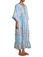 Pineapple-Embroidered Linen-Blend Maxi Dress