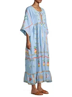 Pineapple-Embroidered Linen-Blend Maxi Dress