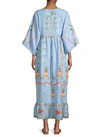 Pineapple-Embroidered Linen-Blend Maxi Dress