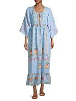 Pineapple-Embroidered Linen-Blend Maxi Dress