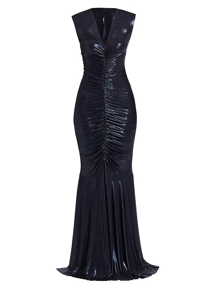 Lamé V-Neck Shirred Fishtail Gown