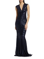 Lamé V-Neck Shirred Fishtail Gown