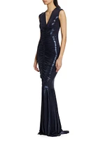 Lamé V-Neck Shirred Fishtail Gown