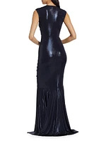 Lamé V-Neck Shirred Fishtail Gown