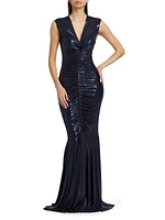 Lamé V-Neck Shirred Fishtail Gown