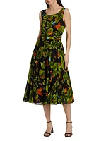 Clover Printed Tie-Waist Fit & Flare Midi-Dress