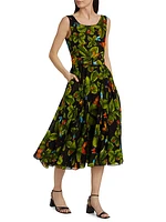 Clover Printed Tie-Waist Fit & Flare Midi-Dress