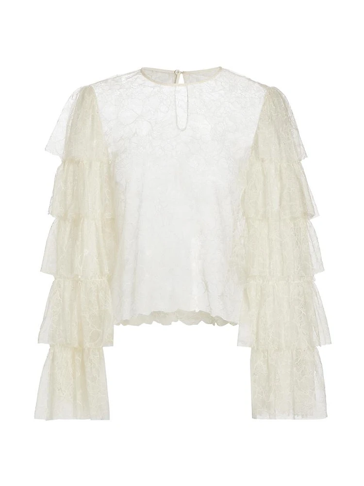 Lace Tiered Ruffled-Sleeve Blouse