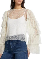 Lace Tiered Ruffled-Sleeve Blouse