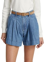 Pleated Denim Shorts