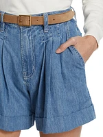 Pleated Denim Shorts