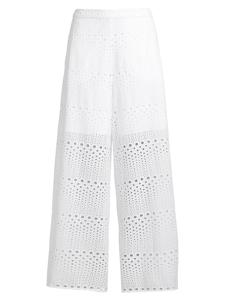 Cotton Eyelet Wide-Leg Pants