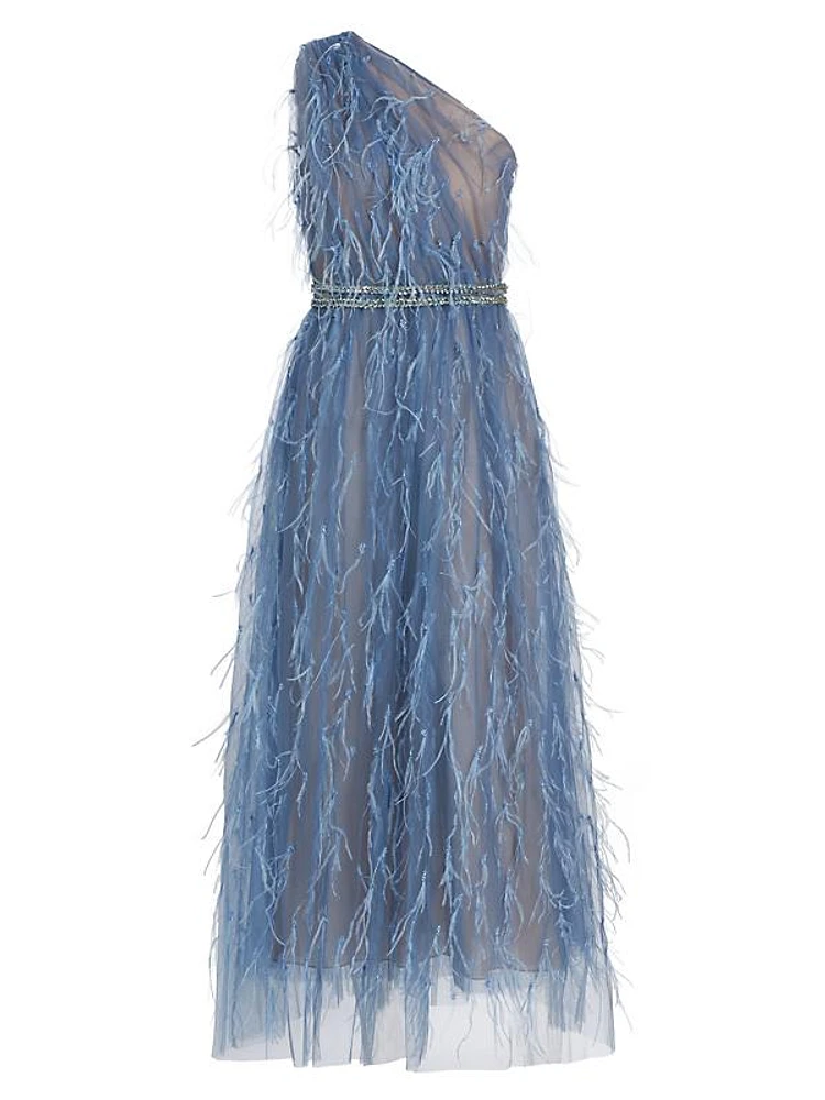 Feathered One-Shoulder Cocktail Maxi Dress