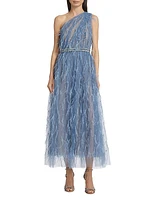 Feathered One-Shoulder Cocktail Maxi Dress