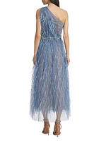 Feathered One-Shoulder Cocktail Maxi Dress