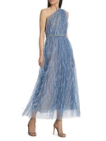 Feathered One-Shoulder Cocktail Maxi Dress