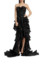 Ruffled Silk Strapless Gown