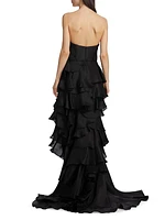 Ruffled Silk Strapless Gown