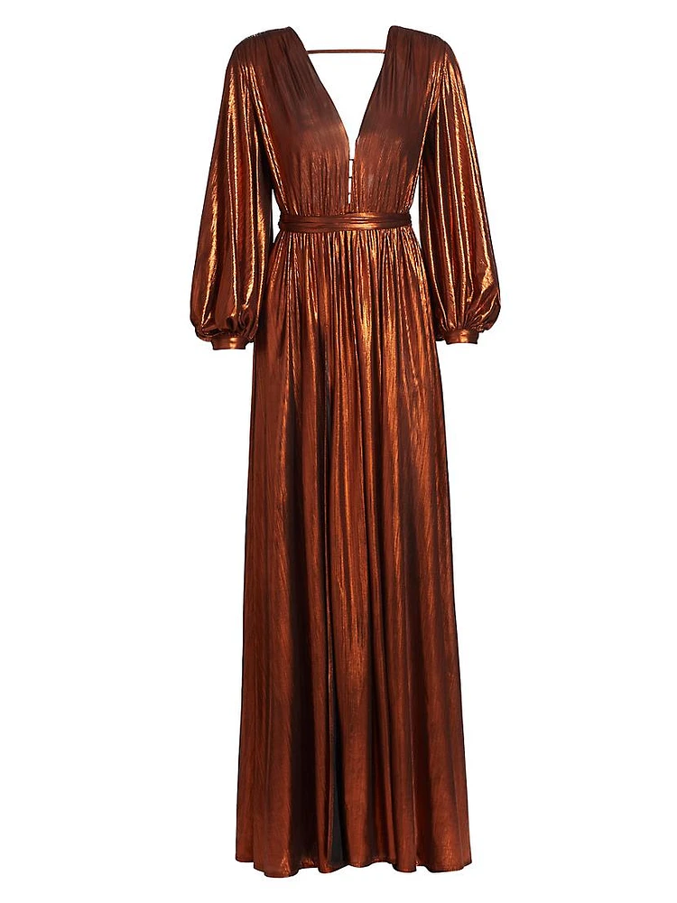 Zoe Metallic Blouson-Sleeve Gown