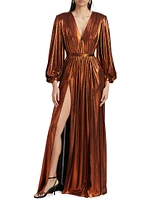 Zoe Metallic Blouson-Sleeve Gown