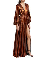 Zoe Metallic Blouson-Sleeve Gown