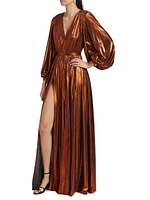 Zoe Metallic Blouson-Sleeve Gown