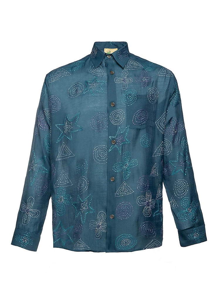 Floral-Embroidered Button-Front Shirt