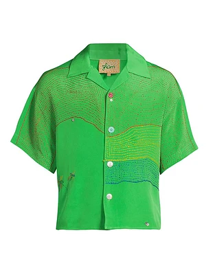 Curve-Embroidered Silk Camp Shirt