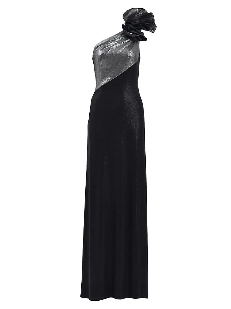 Metallic Jersey One-Shoulder Rosette Gown