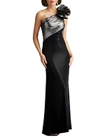 Metallic Jersey One-Shoulder Rosette Gown