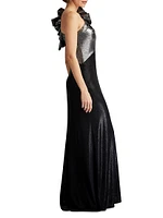 Metallic Jersey One-Shoulder Rosette Gown