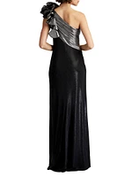 Metallic Jersey One-Shoulder Rosette Gown