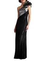 Metallic Jersey One-Shoulder Rosette Gown