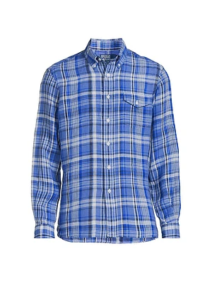 Plaid Long-Sleeve Linen Sport Shirt