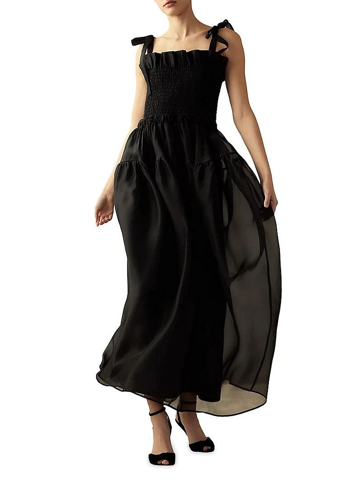 Smocked Tie-Shoulder Organza Maxi Dress