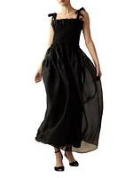 Smocked Tie-Shoulder Organza Maxi Dress