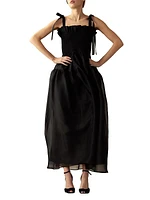 Smocked Tie-Shoulder Organza Maxi Dress