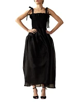 Smocked Tie-Shoulder Organza Maxi Dress