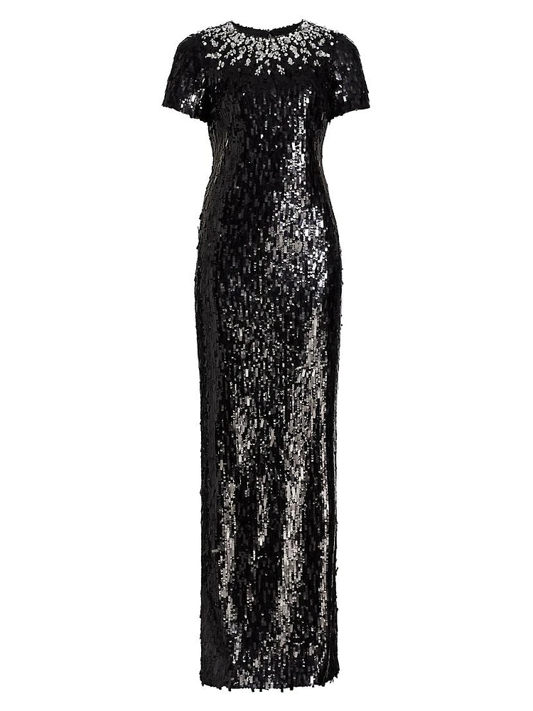 Embellished Neckline Sequined Gown