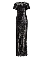 Embellished Neckline Sequined Gown