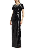 Embellished Neckline Sequined Gown