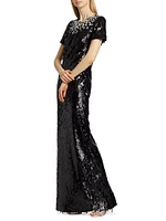 Embellished Neckline Sequined Gown