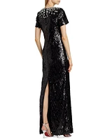 Embellished Neckline Sequined Gown