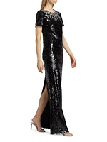 Embellished Neckline Sequined Gown