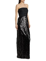 Strapless Ruched Sequin Gown