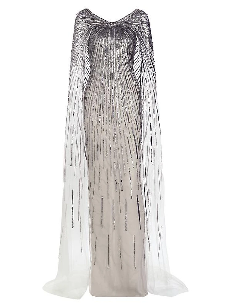 Sequin-Embroidered Cape Gown