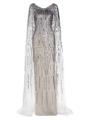 Sequin-Embroidered Cape Gown