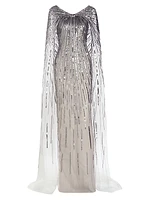 Sequin-Embroidered Cape Gown